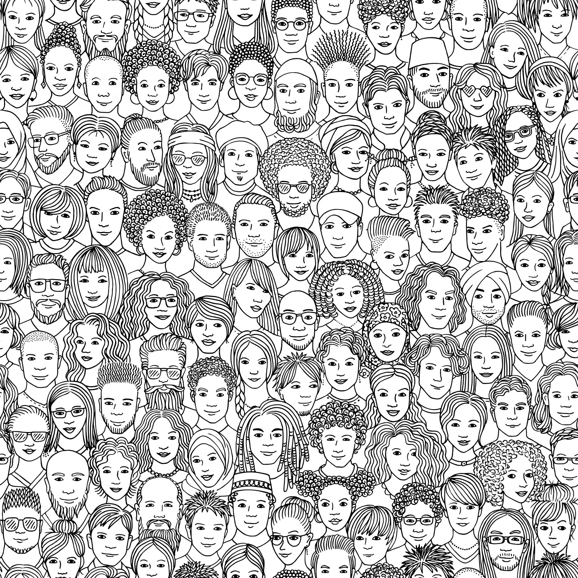 Faces of diverse population of people in black and white